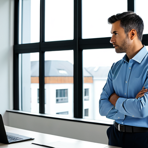 A professional man, fully clothed in a modest business shirt and smart trousers, stands thoughtfully by a large window in a contemporary, brightly lit office. His gaze is directed outwards, suggesting introspection and a connection to his professional purpose. The clean, modern workspace features ergonomic furniture and a discreet laptop on a desk in the background. The ambiance is calm and inspiring, emphasizing a redefinition of work meaning. perfect anatomy, correct proportions, natural pose, well-formed hands, proper finger count, appropriate attire, professional dress, safe for work, appropriate content, high-quality, professional photography.