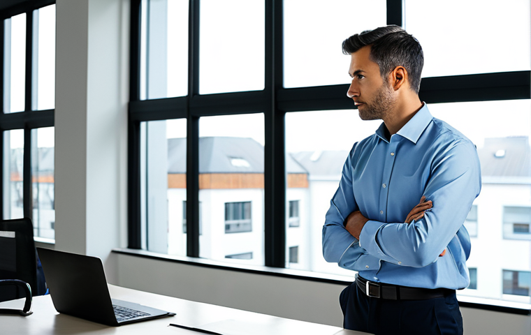 A professional man, fully clothed in a modest business shirt and smart trousers, stands thoughtfully by a large window in a contemporary, brightly lit office. His gaze is directed outwards, suggesting introspection and a connection to his professional purpose. The clean, modern workspace features ergonomic furniture and a discreet laptop on a desk in the background. The ambiance is calm and inspiring, emphasizing a redefinition of work meaning. perfect anatomy, correct proportions, natural pose, well-formed hands, proper finger count, appropriate attire, professional dress, safe for work, appropriate content, high-quality, professional photography.