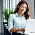 **

A professional businesswoman in a bright, modern office space, smiling confidently while working on a laptop. She is wearing a stylish, modest blouse and tailored pants. The office is filled with natural light and plants, creating a welcoming and productive atmosphere. Focus on conveying a sense of career satisfaction and empowerment. Safe for work, appropriate content, fully clothed, professional. Perfect anatomy, correct proportions, natural pose, well-formed hands, proper finger count, natural body proportions, high quality.

**