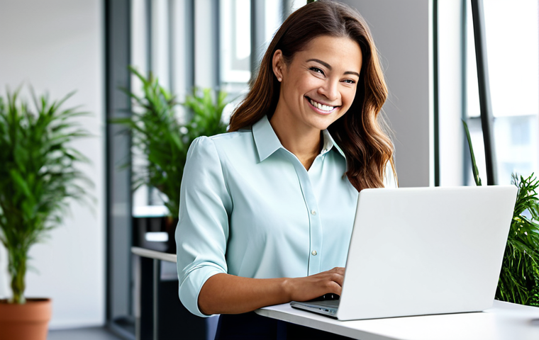 **
A professional businesswoman in a bright, modern office space, smiling confidently while working on a laptop. She is wearing a stylish, modest blouse and tailored pants. The office is filled with natural light and plants, creating a welcoming and productive atmosphere. Focus on conveying a sense of career satisfaction and empowerment. Safe for work, appropriate content, fully clothed, professional. Perfect anatomy, correct proportions, natural pose, well-formed hands, proper finger count, natural body proportions, high quality.
**