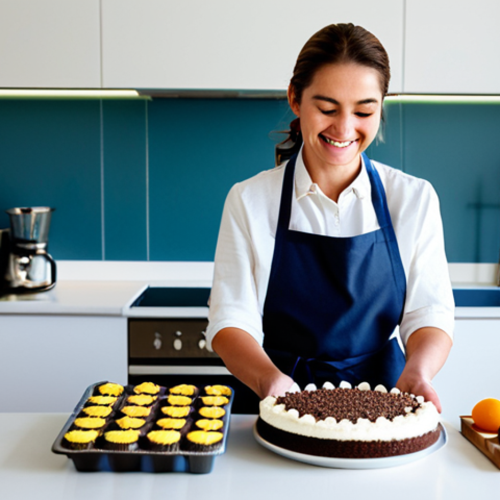 Baking Business**
"A woman happily decorating a brigadeiro cake in a bright, modern kitchen. She is fully clothed in a clean apron and casual attire, professional presentation, displaying her culinary skills with passion. The kitchen is filled with baking supplies and natural light, highlighting the freshness of the ingredients. Safe for work, appropriate content, perfect anatomy, natural proportions, family-friendly."
**