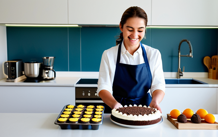 Baking Business**
"A woman happily decorating a brigadeiro cake in a bright, modern kitchen. She is fully clothed in a clean apron and casual attire, professional presentation, displaying her culinary skills with passion. The kitchen is filled with baking supplies and natural light, highlighting the freshness of the ingredients. Safe for work, appropriate content, perfect anatomy, natural proportions, family-friendly."
**