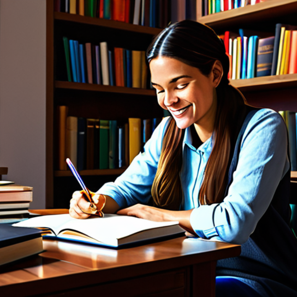 자신의 열정과 직업의 교차점 찾기 - Passion & Talent Discovery**
"A woman in a brightly lit, cozy study, surrounded by books and notebo...