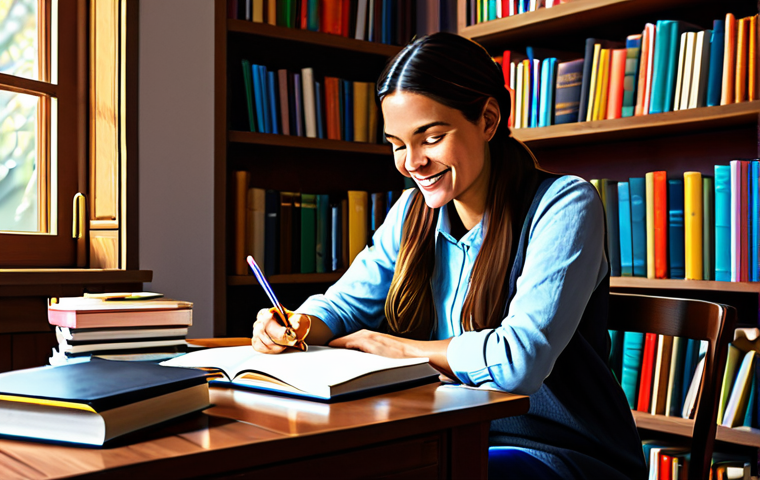 자신의 열정과 직업의 교차점 찾기 - Passion & Talent Discovery**
"A woman in a brightly lit, cozy study, surrounded by books and notebo...