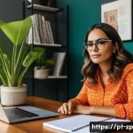 직업적 비전과 목표의 정립 - A professional Brazilian woman in her early 30s, sitting at a modern home office desk with a laptop ...