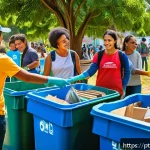 사회적 가치와 개인적 의미의 조화 - A vibrant community recycling event in a Brazilian neighborhood park, with diverse people of all age...