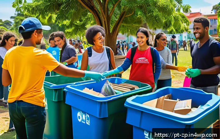 사회적 가치와 개인적 의미의 조화 - A vibrant community recycling event in a Brazilian neighborhood park, with diverse people of all age...
