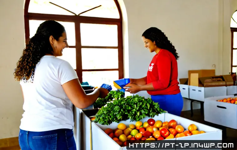 Home 17 의미 있는 일을 위한 자원 활용하기 - Photorealistic Brazilian community volunteer sorting fresh produce, school supplies, and reusable ho...